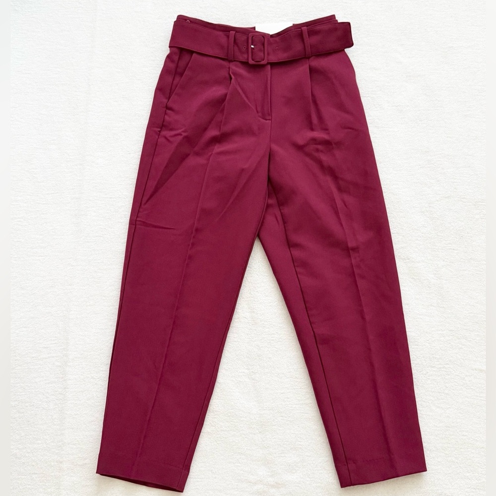 NWT Ann Taylor Petite Belted High Rise Tapered Pants Burgundy Size 0P